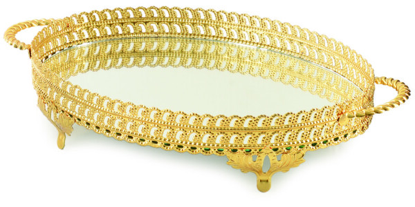 NJOY TK0160G PATTERN OVAL HANDLE TRAY GOLD 28X20CM