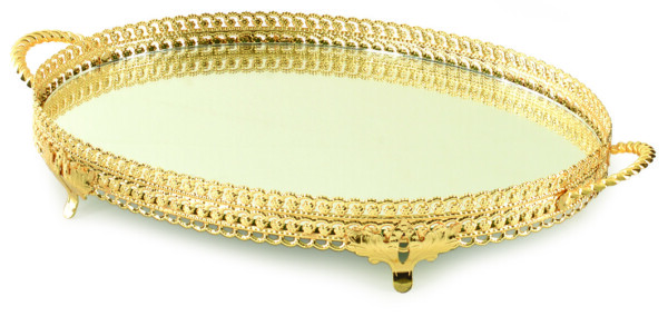 NJOY TK0162G PATTERN OVAL HANDLE TRAY GOLD 35X28CM